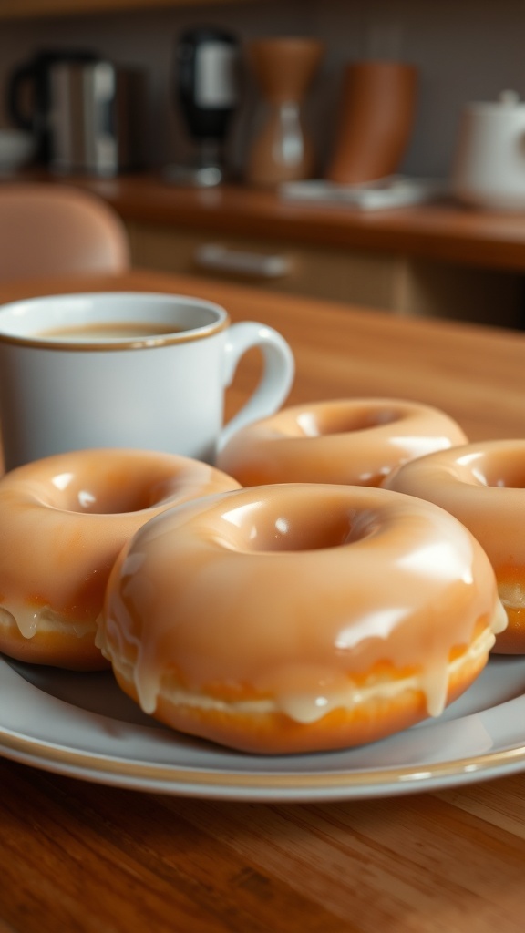 A plate of glazed donuts next to a steaming cup of coffee on a rustic kitchen table.